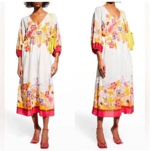 JOHNNY Was Loreli SILK Floral Short Sleeve Boho Style V Neck Kaftan Midi Dress